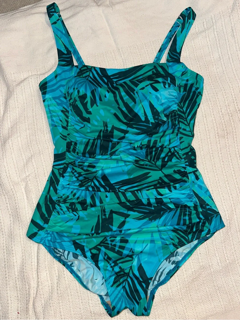 L.L. Bean Teal & Turquoise Palm-Print One-Piece Swimsuit, Women’s size 12 - Picture 2 of 6